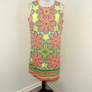 MAGGY LONDON Size 12 Sleeveless Yellow Pink Medallion Print Shift Dress Paisley